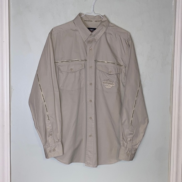 Harley Davidson Motorcycle Khaki Embroidered Long Sleeve Button Down Men Shirt M - Picture 1 of 15